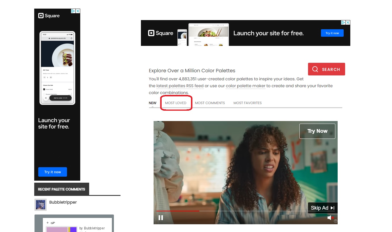 ColourLovers home page with most loved highlighted.