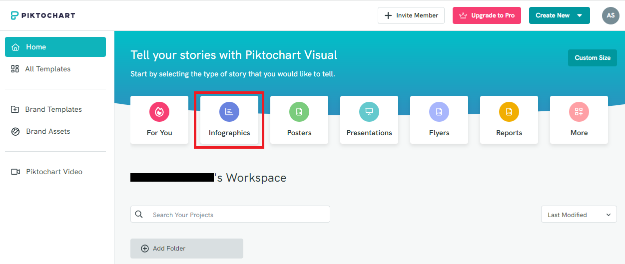 Piktochart's workspace starting page with the Infographics selection highlighted by a red box.