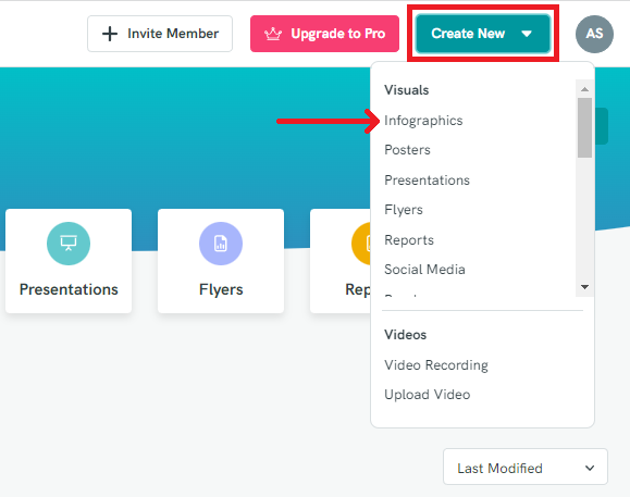 The Infographics selection in Piktochart's Create New menu highlighted.