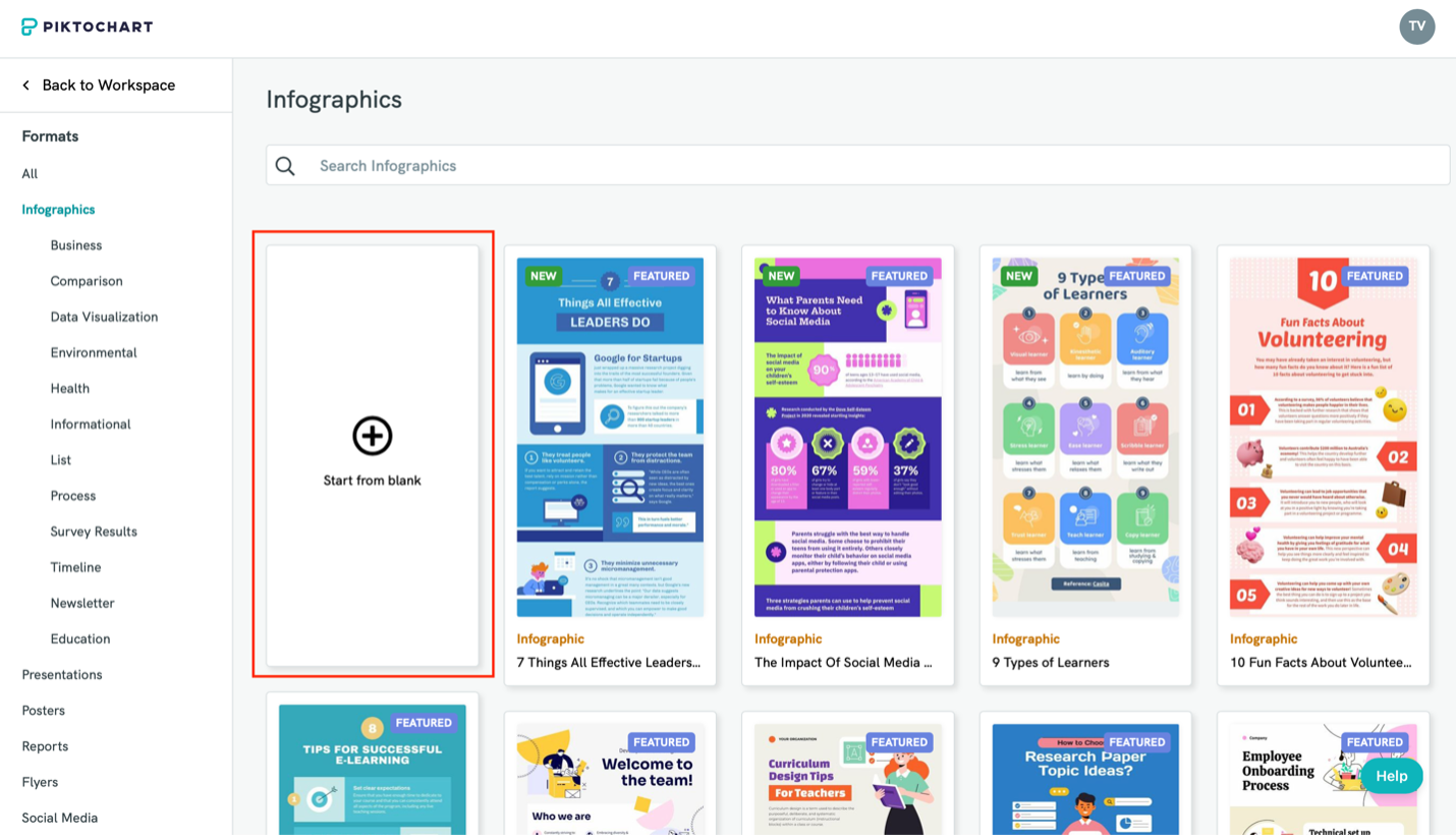 Highlighting the Infographics selection in Piktochart's Formats menu.