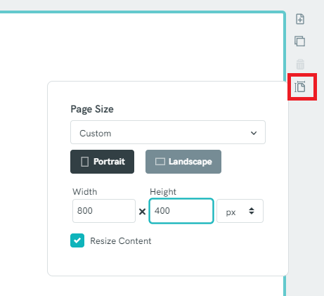 Page Size dialog window in Piktochart, showing a 800x400px range in a portrait orientation with "Resize Content" checked.