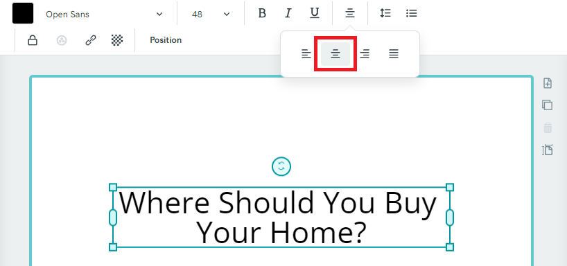 The title text selected and the alignment set to center.