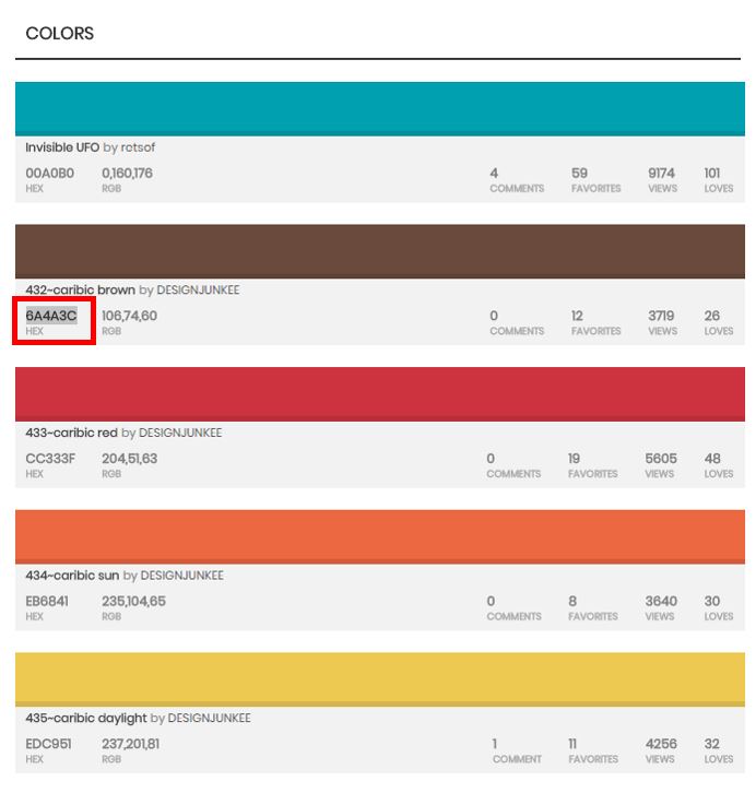 The chosen colour palette, with the hex number for brown highlighted.