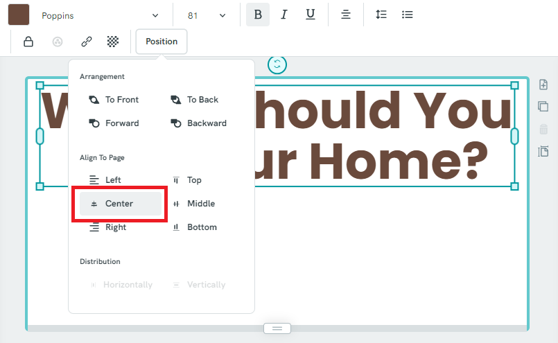 An image indicating where to find the Position dialog box in the upper right corner. The option "Center" is selected.