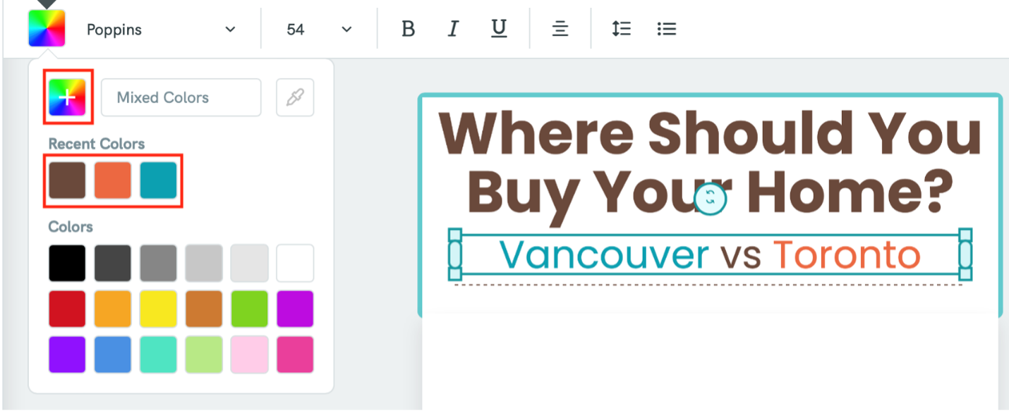 The text colour option opened, located on the left side of the upper toolbar in Piktochart.
