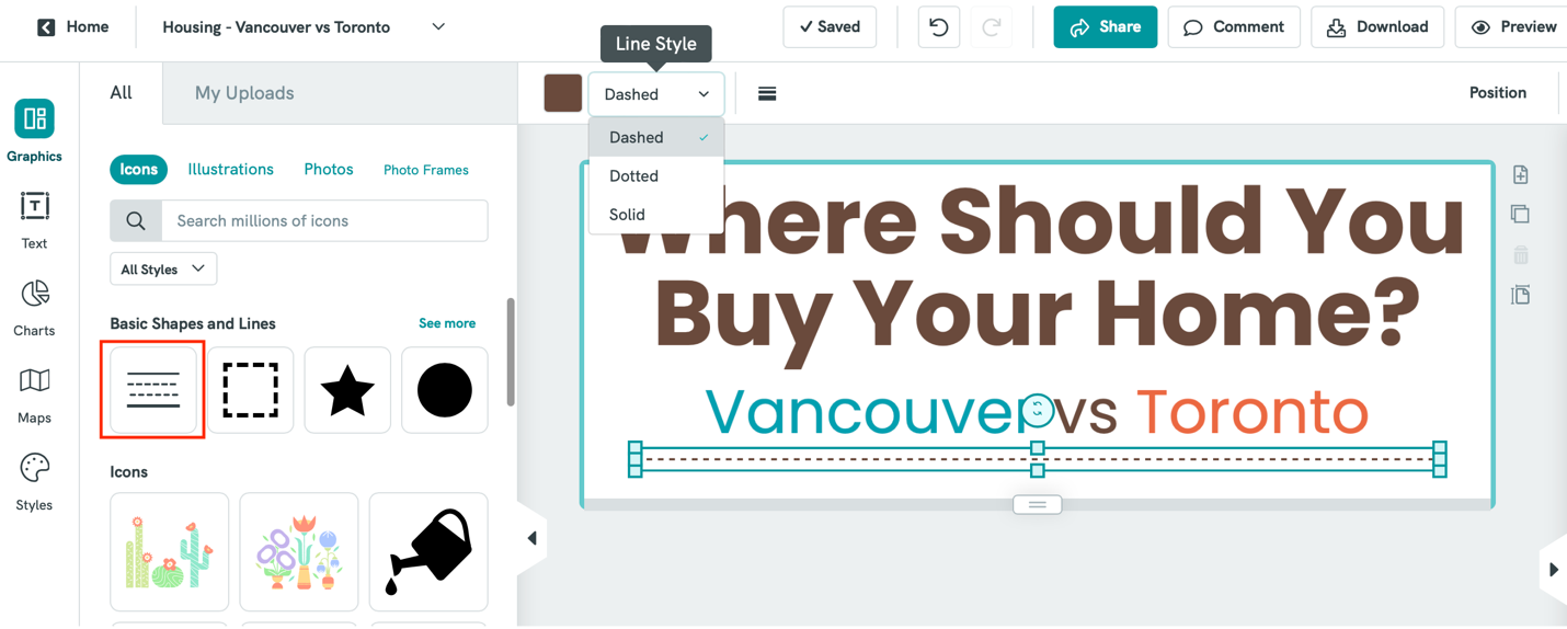The Basic Shapes and Lines section of Piktochart's Graphics pane with the Dashed line style selected.