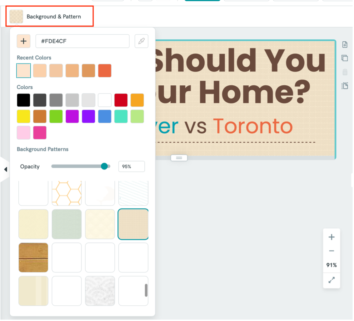 An image of the Background & Pattern menu of Piktochart with a tan-coloured graphed background selected.
