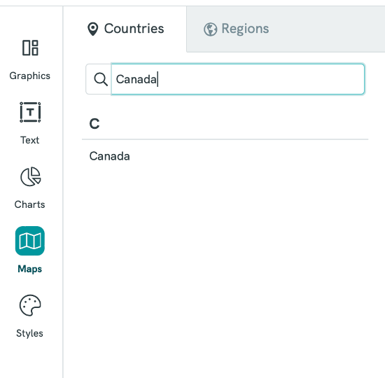 The Maps tab in Piktochart, with "Canada" entered in the search bar under the Countries tab.