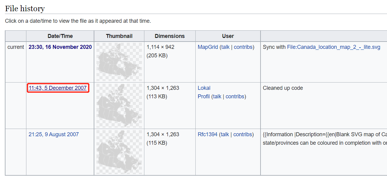 The version history of the map with the 2007 version ighlighted.