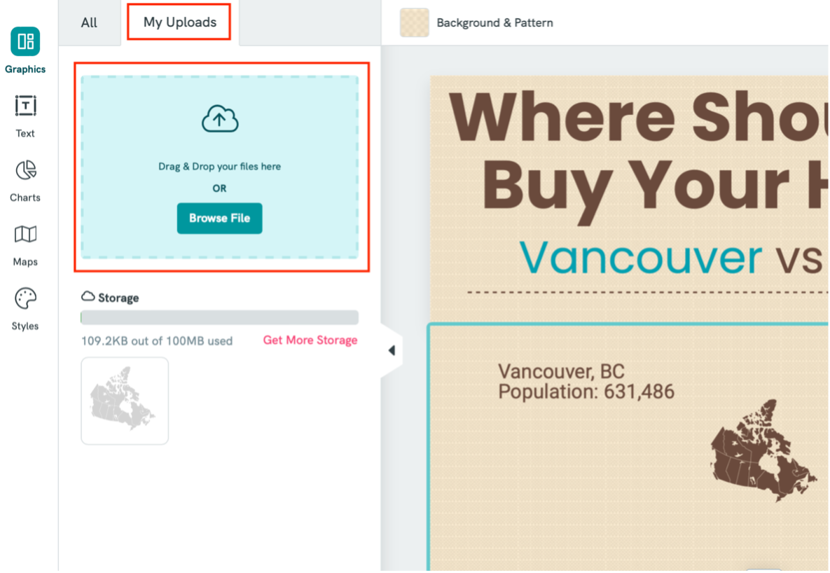 The My Uploads tab highlighted and the upload function in Piktochart's Graphics pane. A brown-coloured map of Canada has been added to the infographic.
