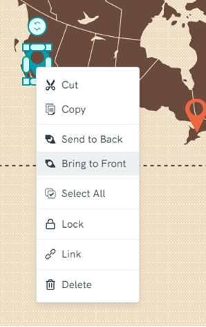 The blue map pin icon selected, displaying a menu which reads, in order "Cut; Copy; Send to Back; Bring to Front; Select All; Lock; Link; Delete"