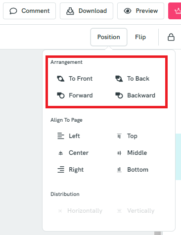 Position menu with a red rectangle highlighting the arrangement functions.