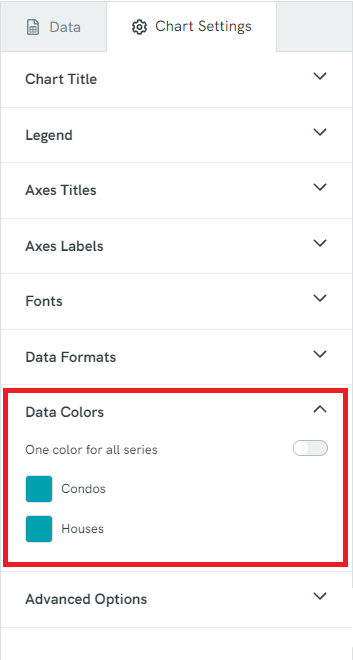 Chart settings with Data Colors opened and highlighted.
