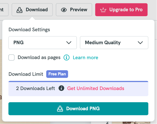 The download options available through Piktochart.