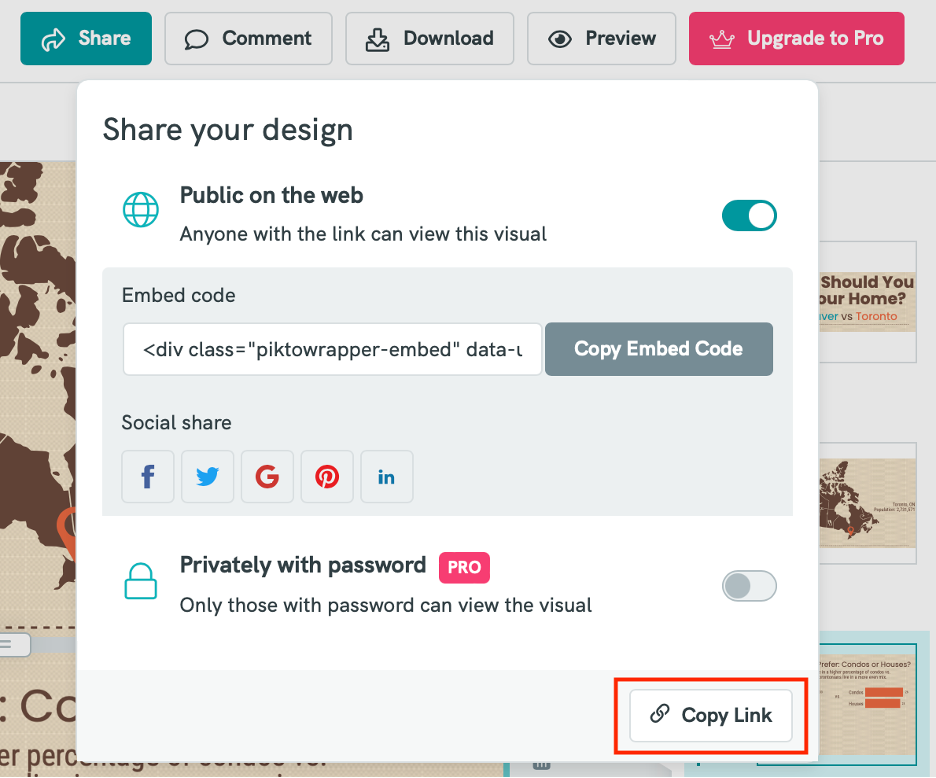 The Share your design menu with "Copy Link" highlighted by a red rectangle.