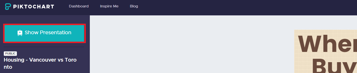 The publicly-viewable webpage of the sample infographic with "Show Presentation" highlighted by a red rectangle.
