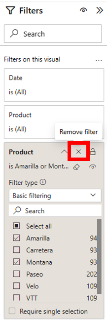 Removing the filter variable by selecting X