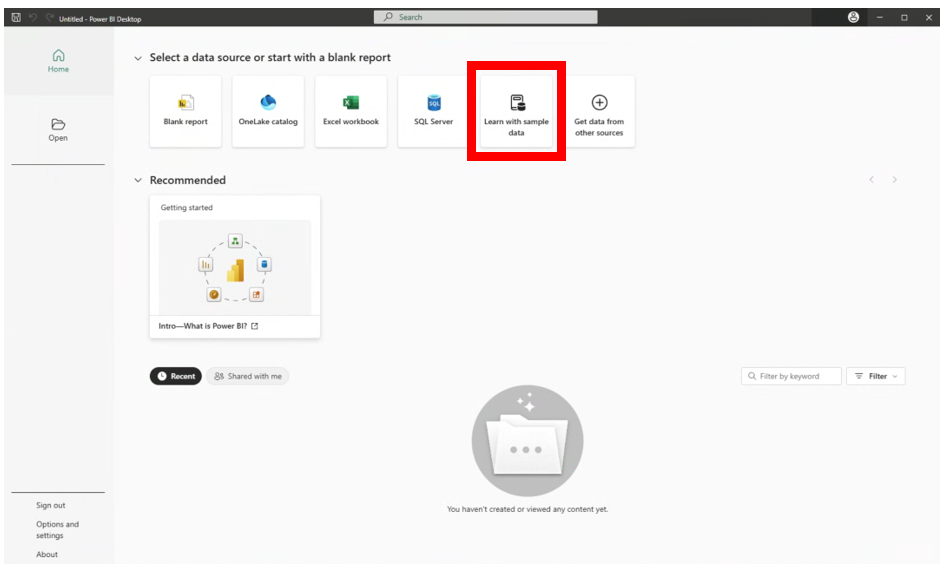 Selecting the Learn with sample data option on Power BI home page