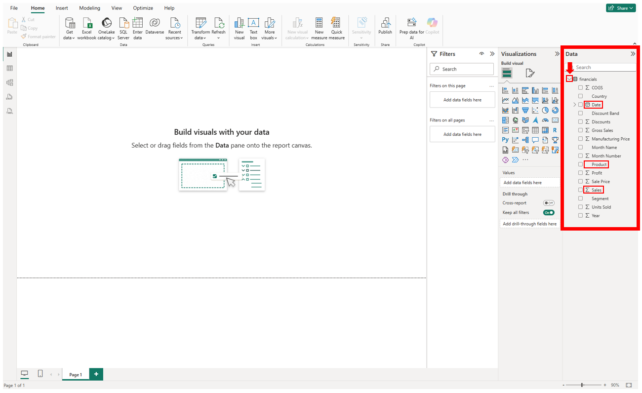 Data panel in Power BI with different data types for variables