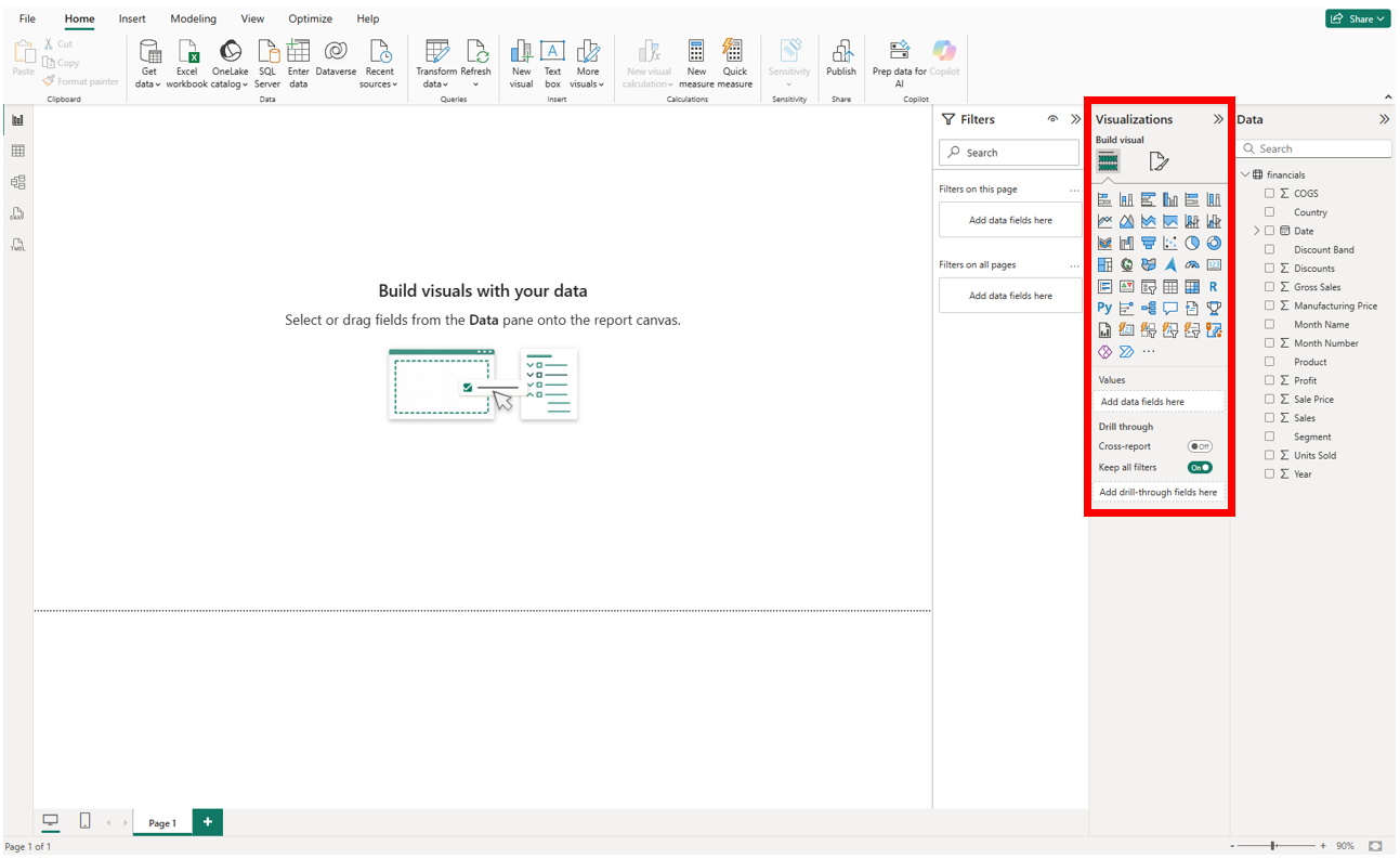 Visualizations panel used to create figures and adjust formatting