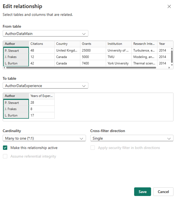 Relationship details between datasets (clicking on arow)