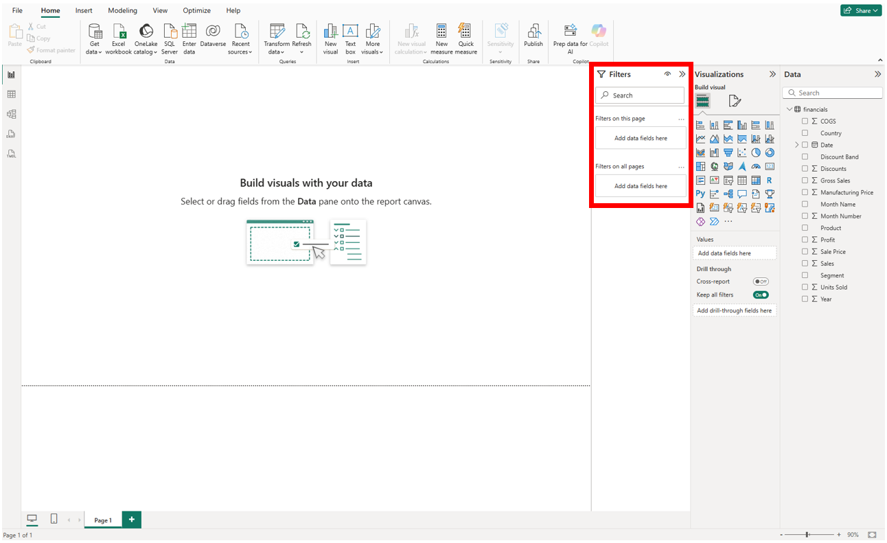Filter panel in Power BI used to configure data filters for visualizations