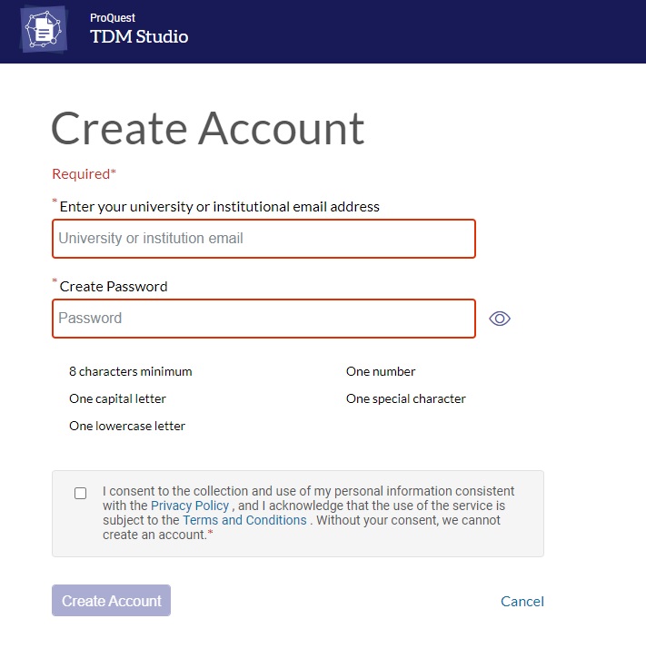 Image showing the process for creating an account on ProQuest TDM Studio