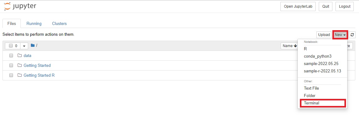 Screenshot showing how to open a Terminal player in Jupyter
