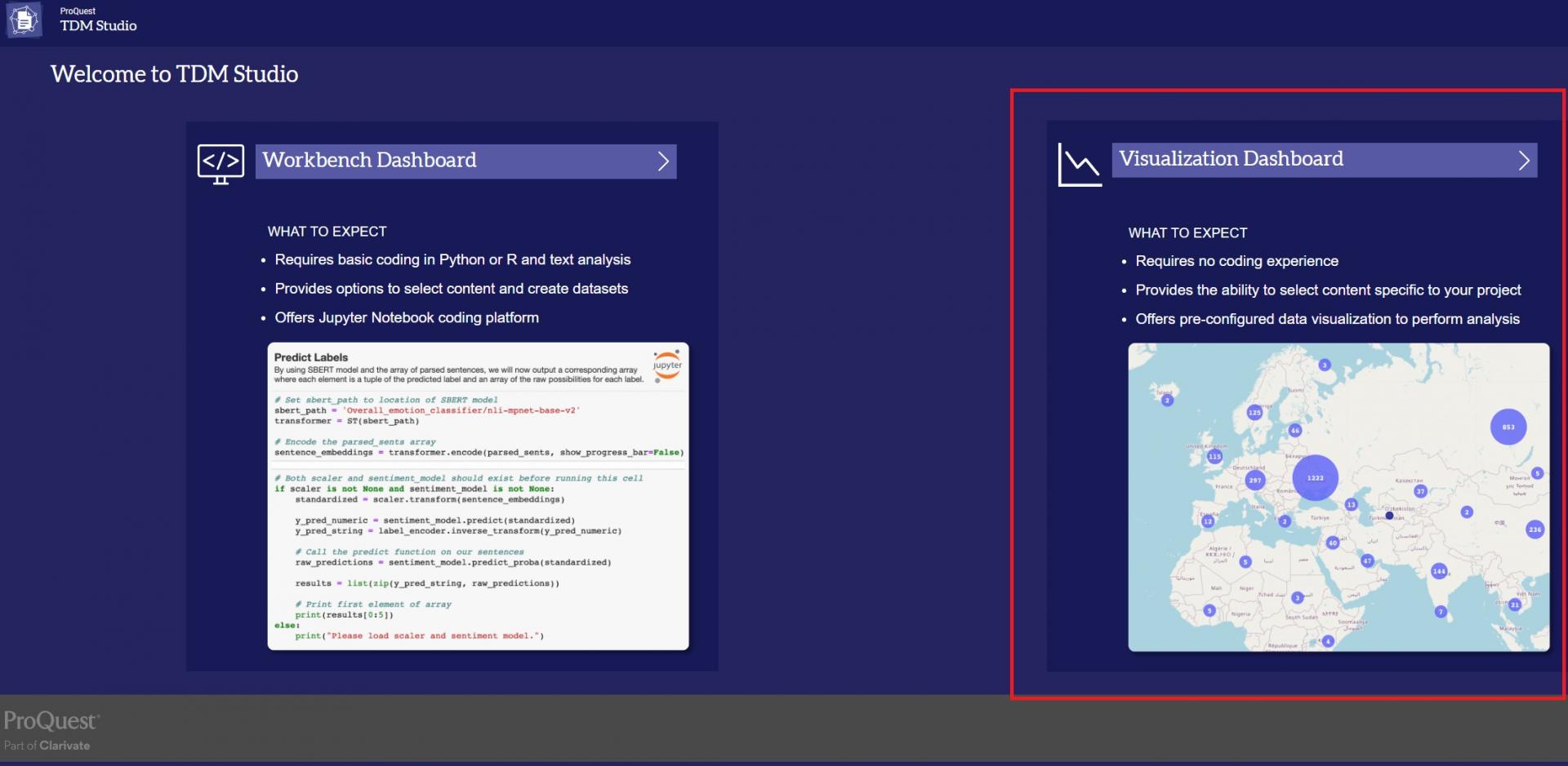 Image showing main screen with Workbench and Visualizations dashboards side-by-side
