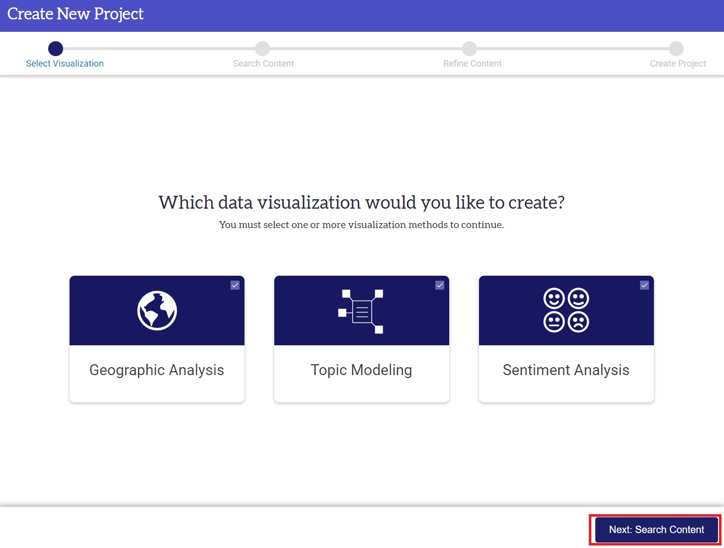 Screenshot showing a data visualization interface with buttons for Geographic Analysis, Topic Modeling, and Sentiment Analysis