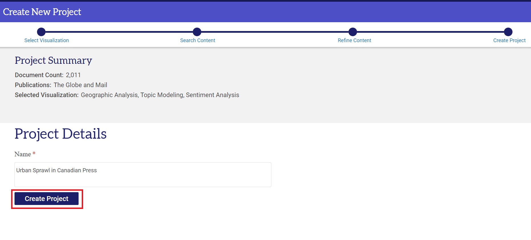Screenshot of the Create New Project page showing project summary details