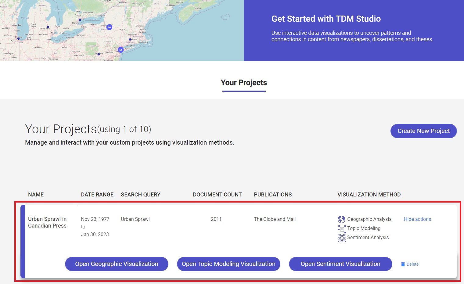 Image showing updated Your Projects list and providing buttons for different visualizations