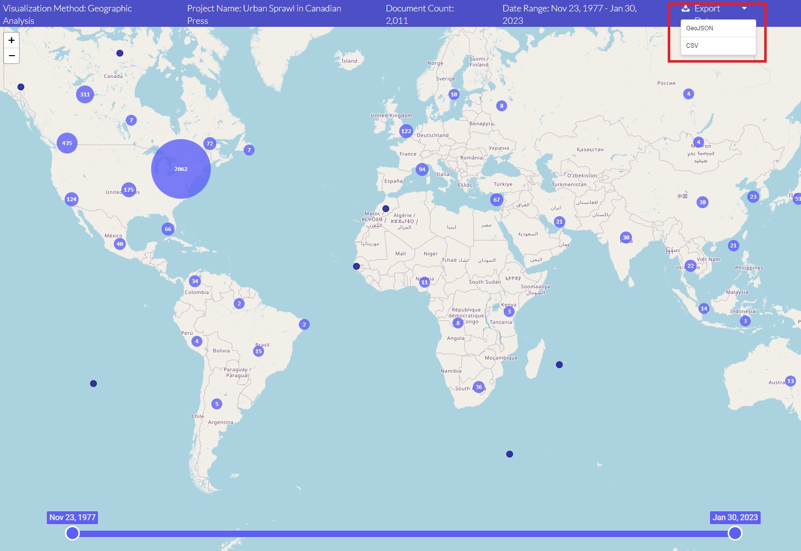 A world map displaying blue dots of different sizes
