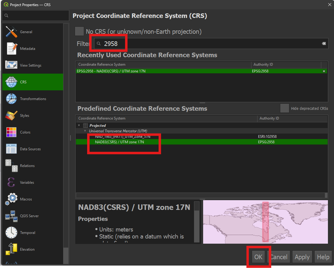 Changing the CRS to UTM Zone 17.