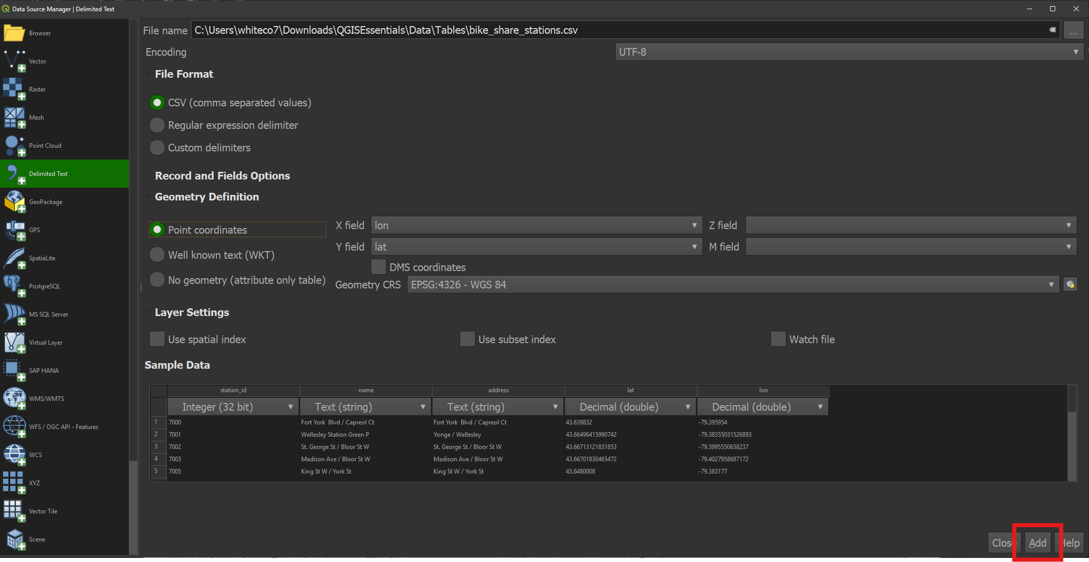 Add the layer, close the Data Source Manager window
