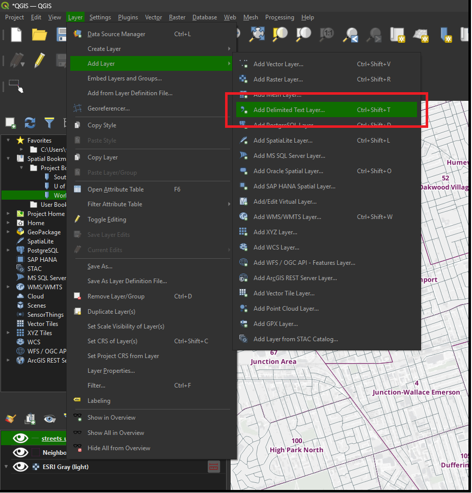 Layer → Add Layer → Add Delimited Text Layer