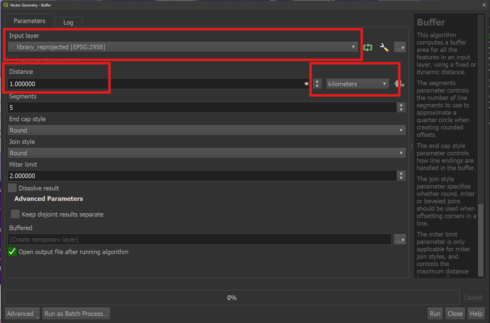 Parameters: Input layer = libraries, Distance = 1km