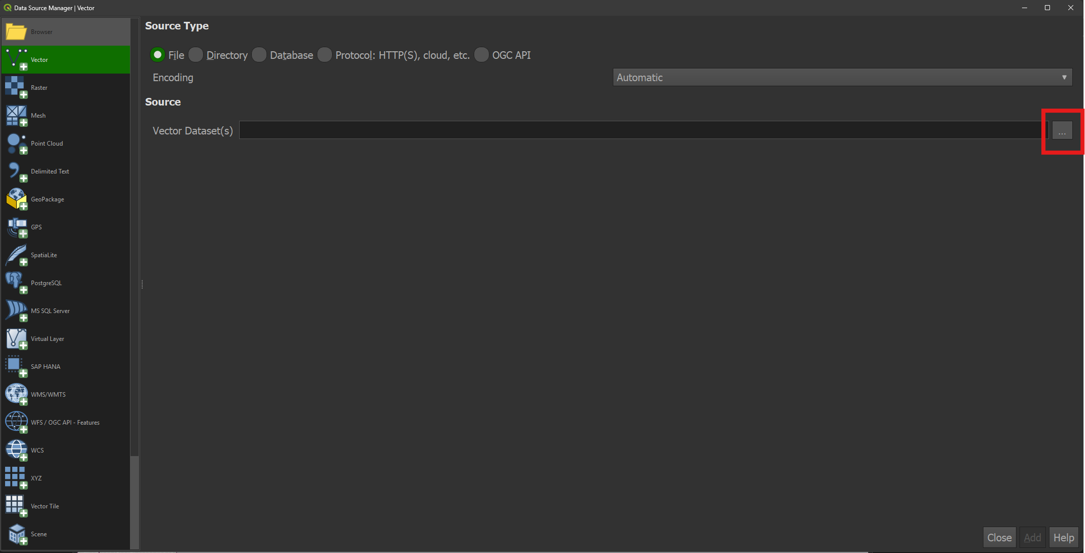 Click the three dots next to the Vector Dataset(s) box