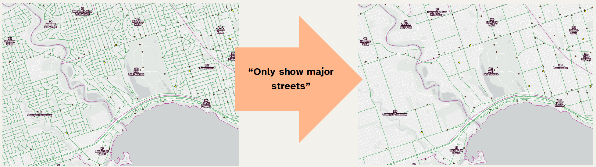 Example of filtering spatial data - first image contains a detailed road network; second image shows only major streets