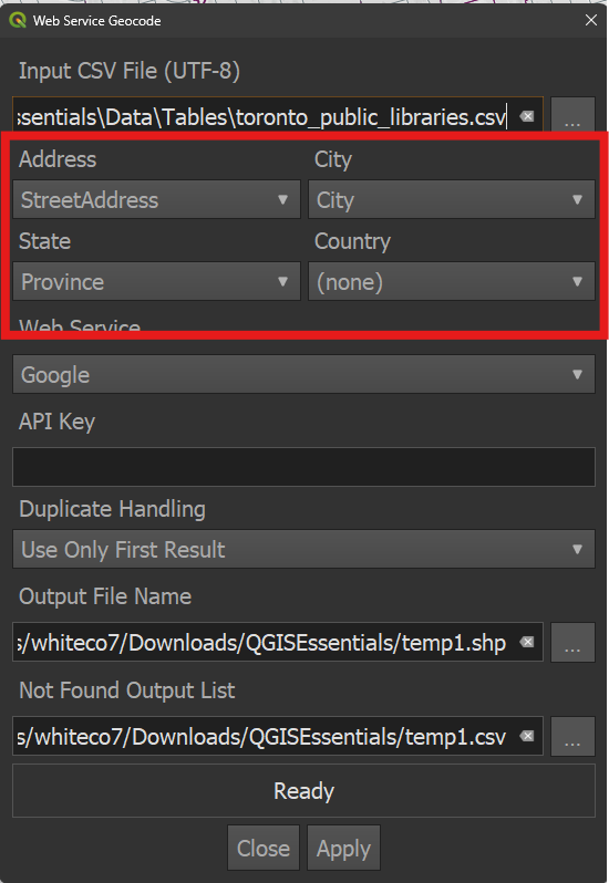 Tool parameters for Address, City, State