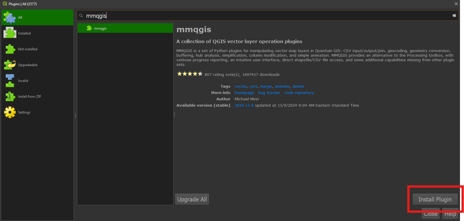 Installing MMQGIS.