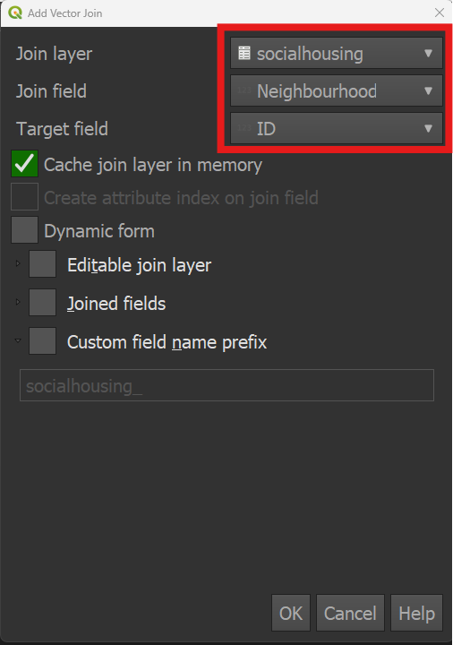 Join parameters: Join layer = socialhousing, Join field = Neighbourhood, Target field = ID