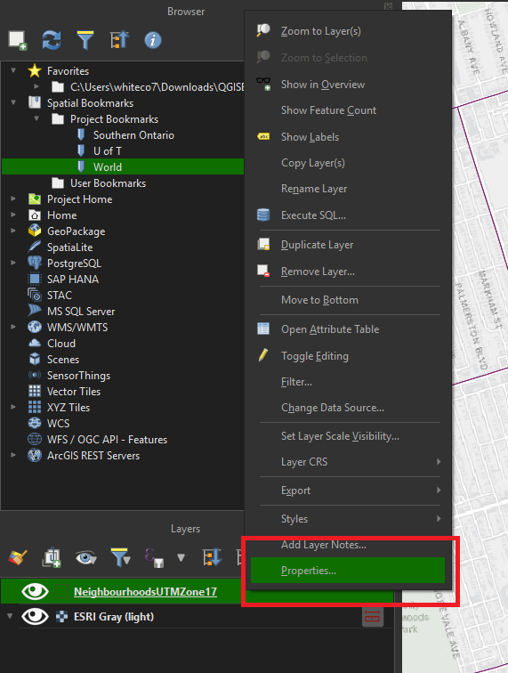 Layer popup menu.