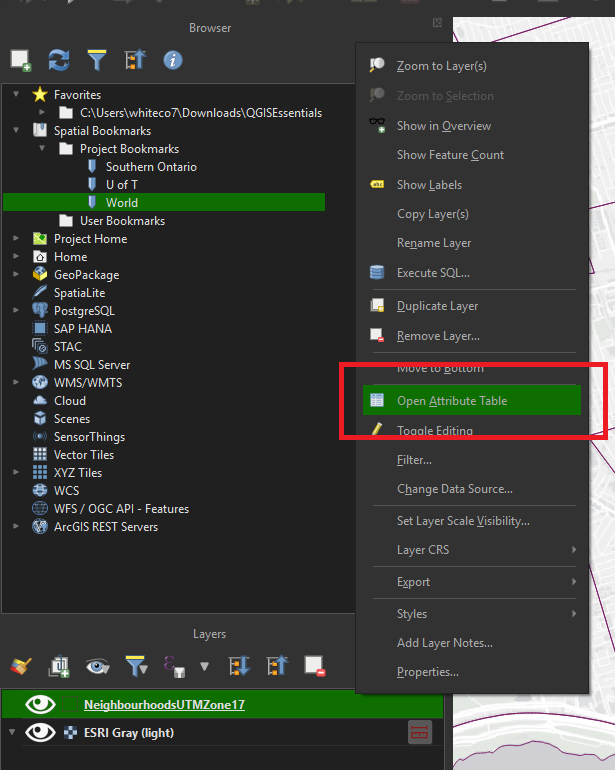 Opening a layer's attribute table.