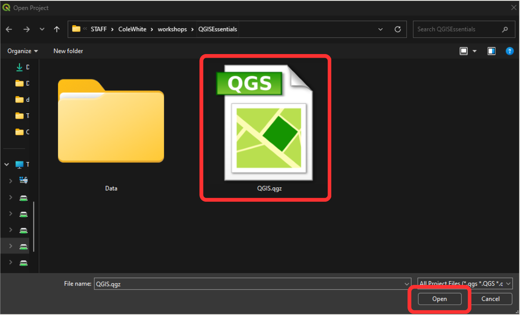 Selecting and opening the project file.