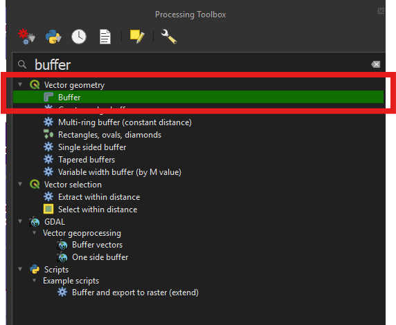 Processing toolbox → Vector Geometry → Buffer