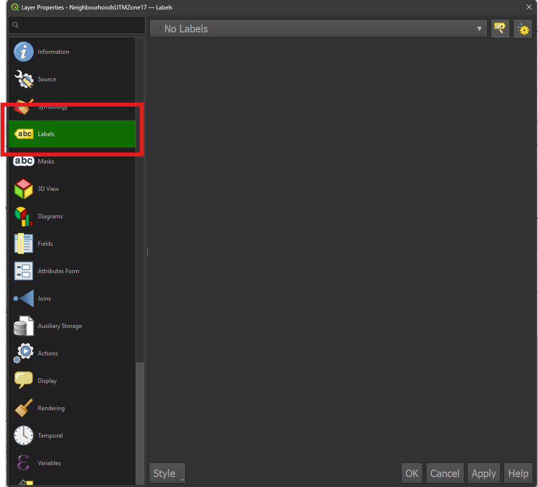 Properties window opened to the Labels tab.
