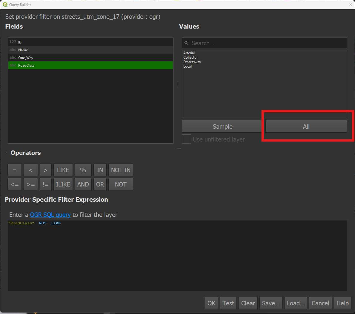 Click all button under the Values window