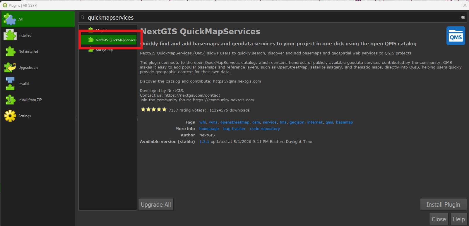 Selecting the quickmapservices plugin.