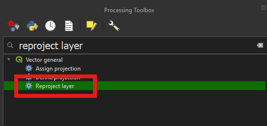 Processing toolbox → Vector general → Reproject layer